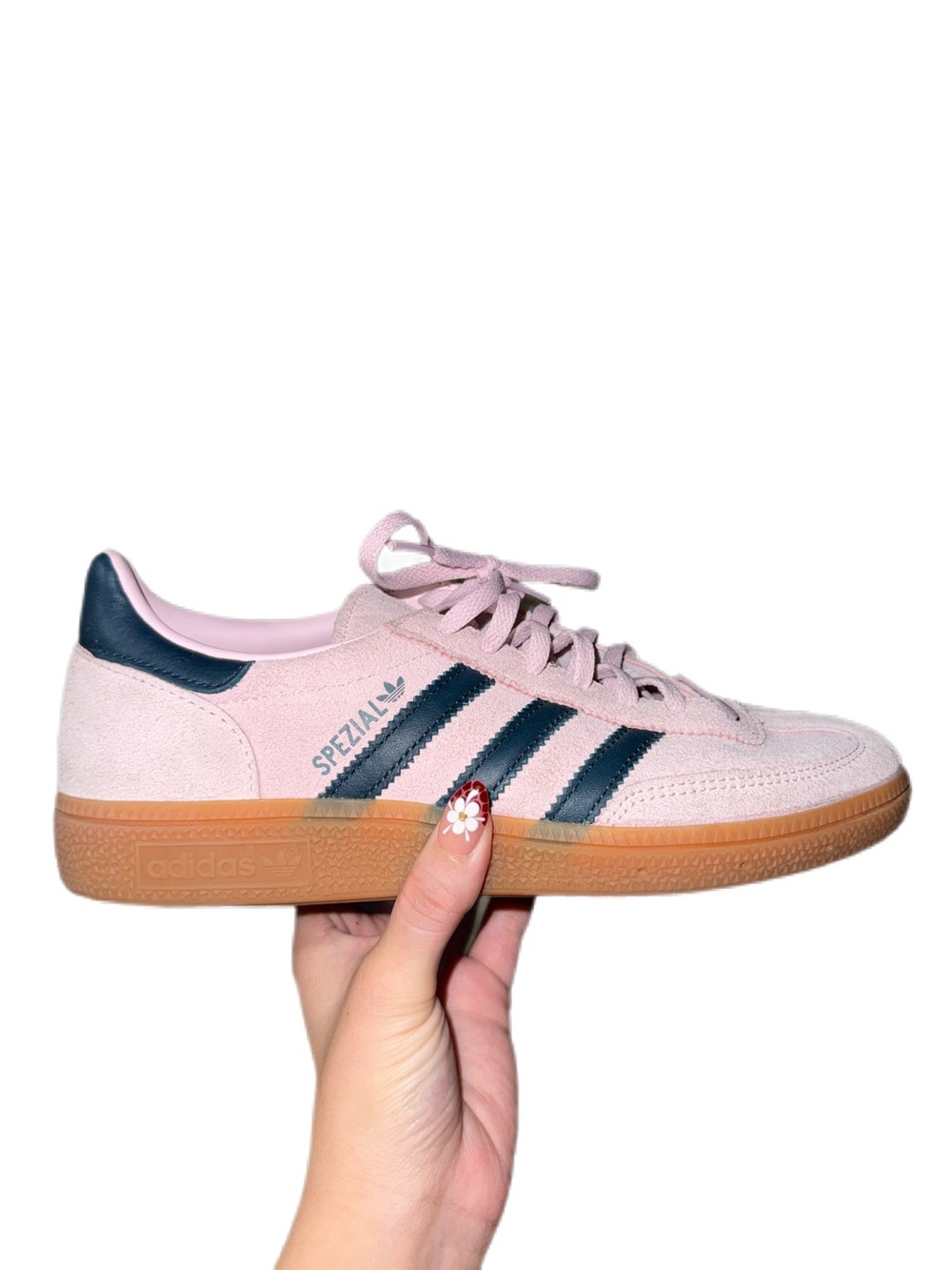 adidas Women’s Spezial Pink Suede Sneaker with Forest Green Stripes and Gum Sole
